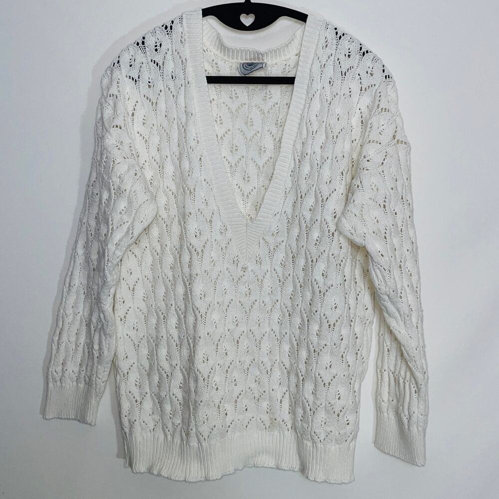 Vintage Cape Isle Knitters Open Knit V-Neck - Women's Size L - Made in USA‎